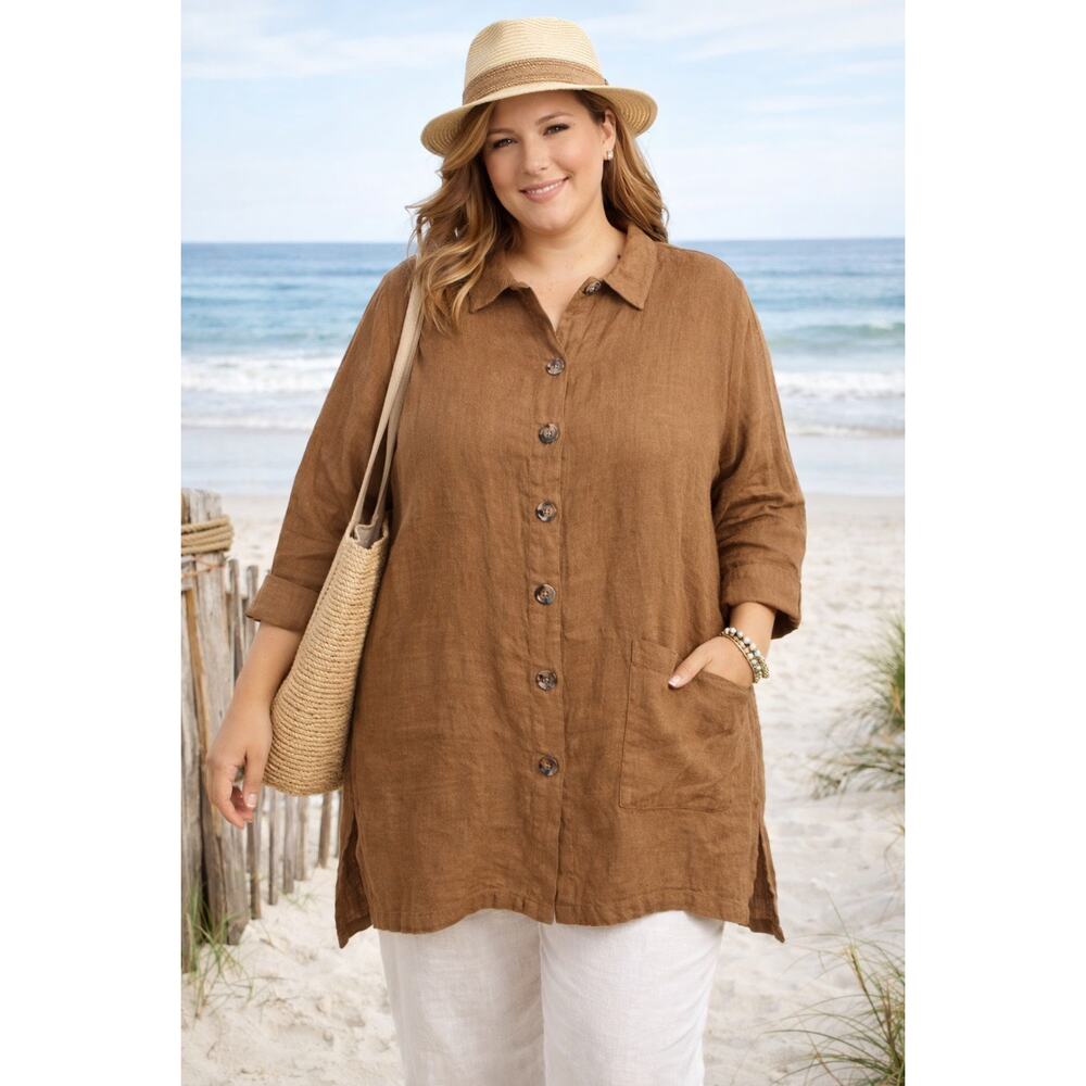 Click USA 100% Linen Loose Boxy 3/4 Sleeve Button down Top Shirt Large 48B 32L